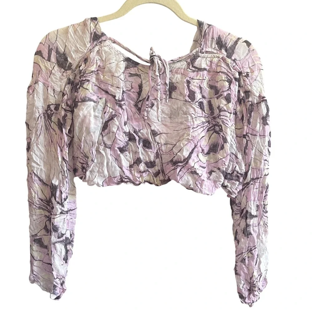 Anthropologie Sheer Cropped Puff Sleeve Abstract Print Top S‎